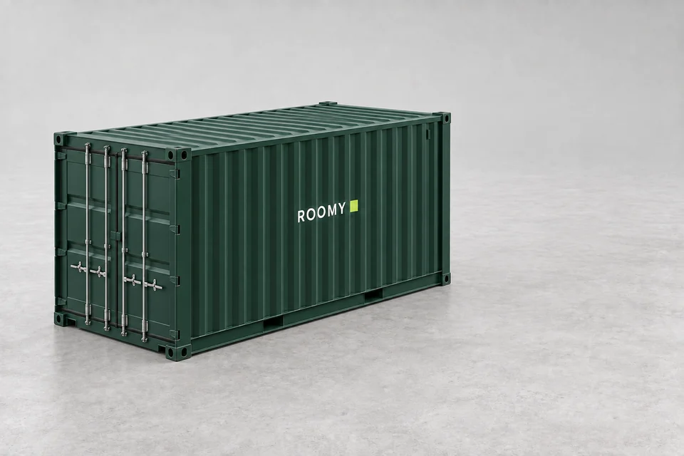 A forest-green ROOMY standard shipping container with original paired cargo doors