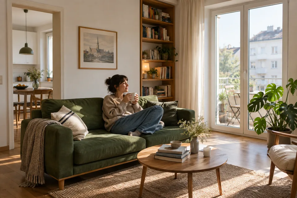 A person enjoying a quiet moment in a bright, uncluttered living room