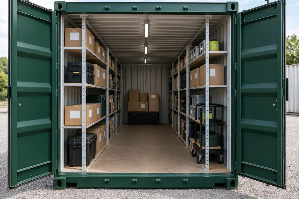 Stock and tool cases organised on shelves inside a storage container