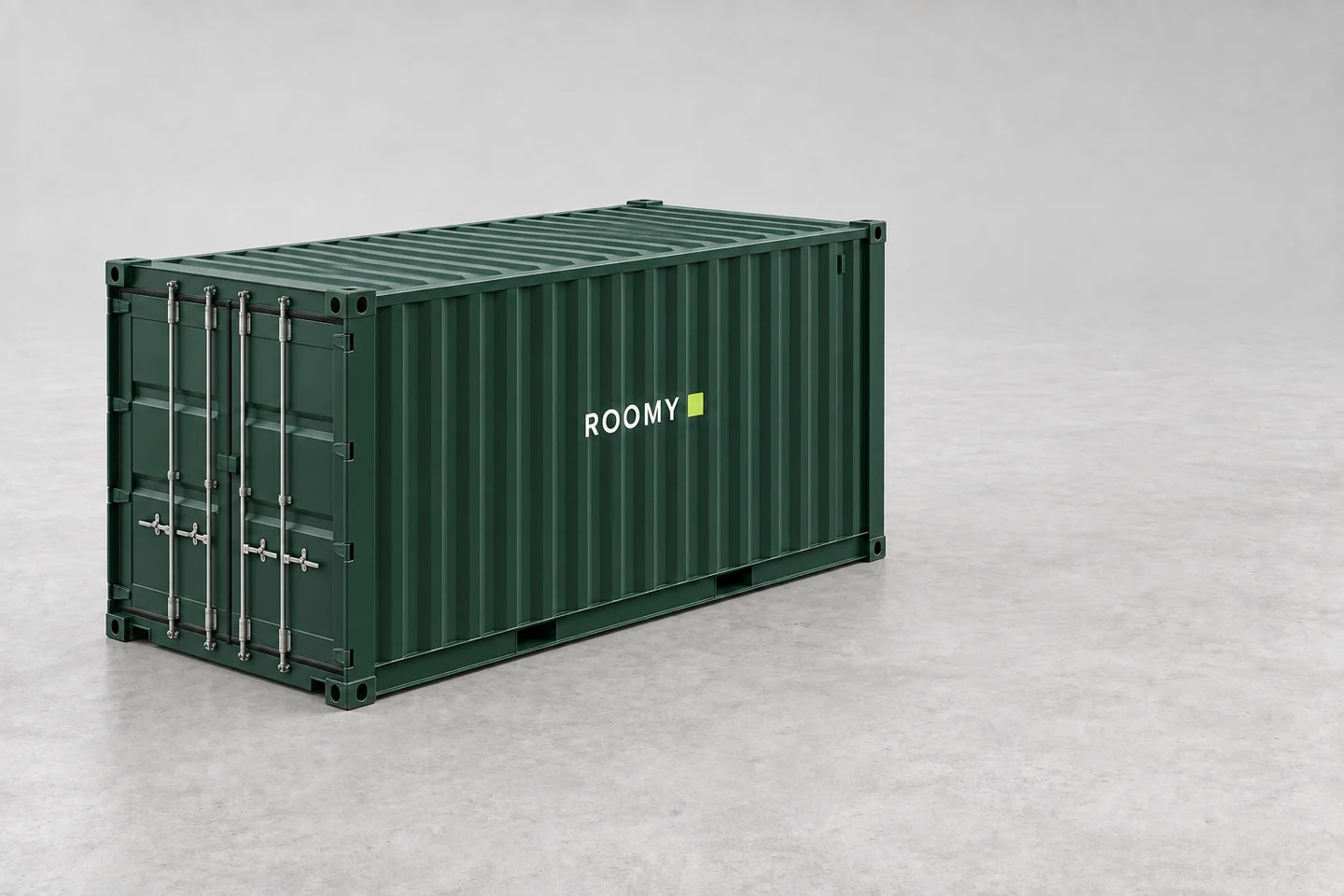 A forest-green standard 20 ft ROOMY container with original cargo doors
