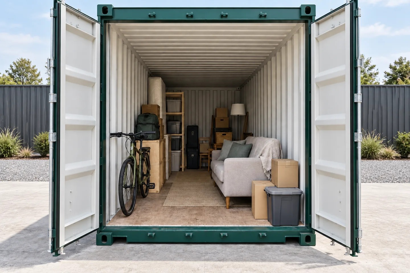 Household furniture, a bicycle and cartons organised inside a narrow storage container