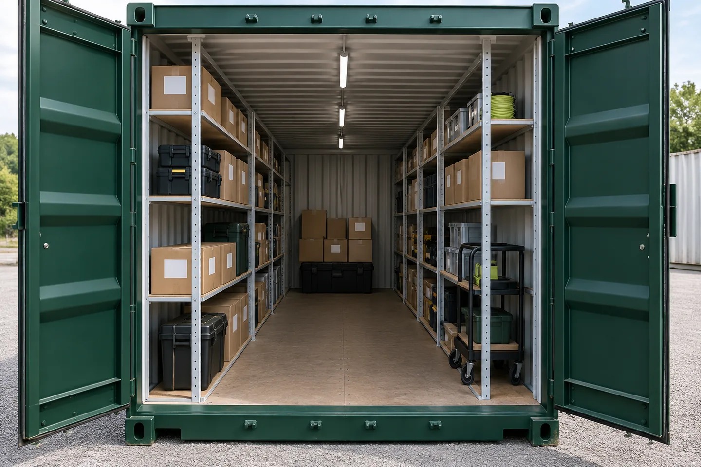 Business cartons and tool cases on shelves with a clear aisle inside a narrow storage container
