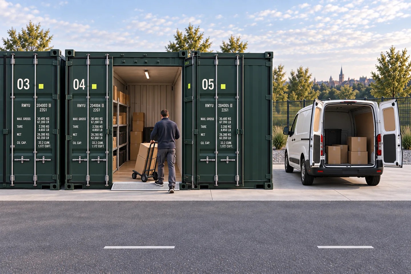 A small van and trolley beside a standard shipping container during loading